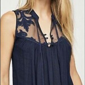 Free People | Western Romance Mesh-Yoke Top | Navy Blue | Sz XS